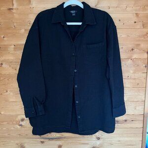 Rachel Roy Long Sleeve Black Textured Gauze Cotton Shirt, Hi Low, Size XL